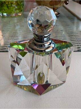Vintage Faceted Art Glass Perfume Bottle 3" With Iridescent Prism Base